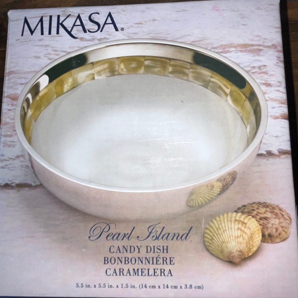 Mikasa "Pearl Island" candy dish in cast aluminum and inlaid shell.